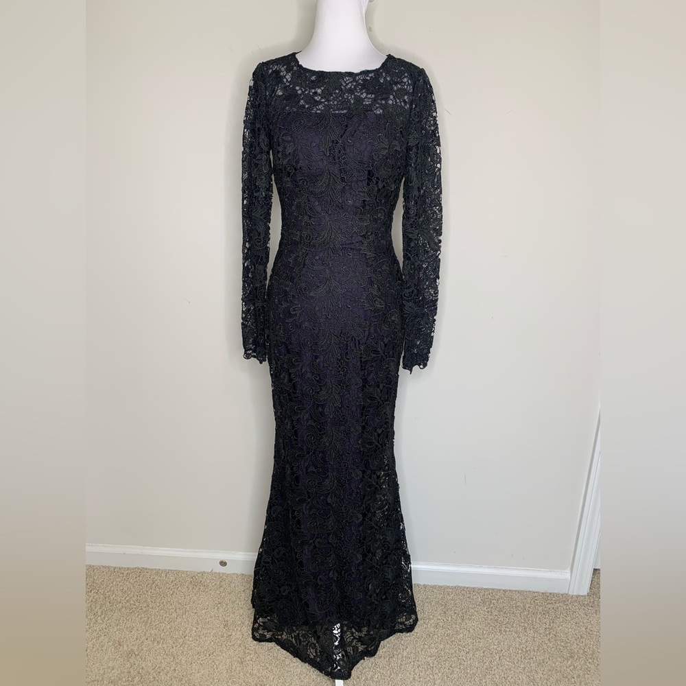 Monique Lhullier Black‎ Lace Navy Blue Formal Mermaid Cocktail Long Dress Sz 2